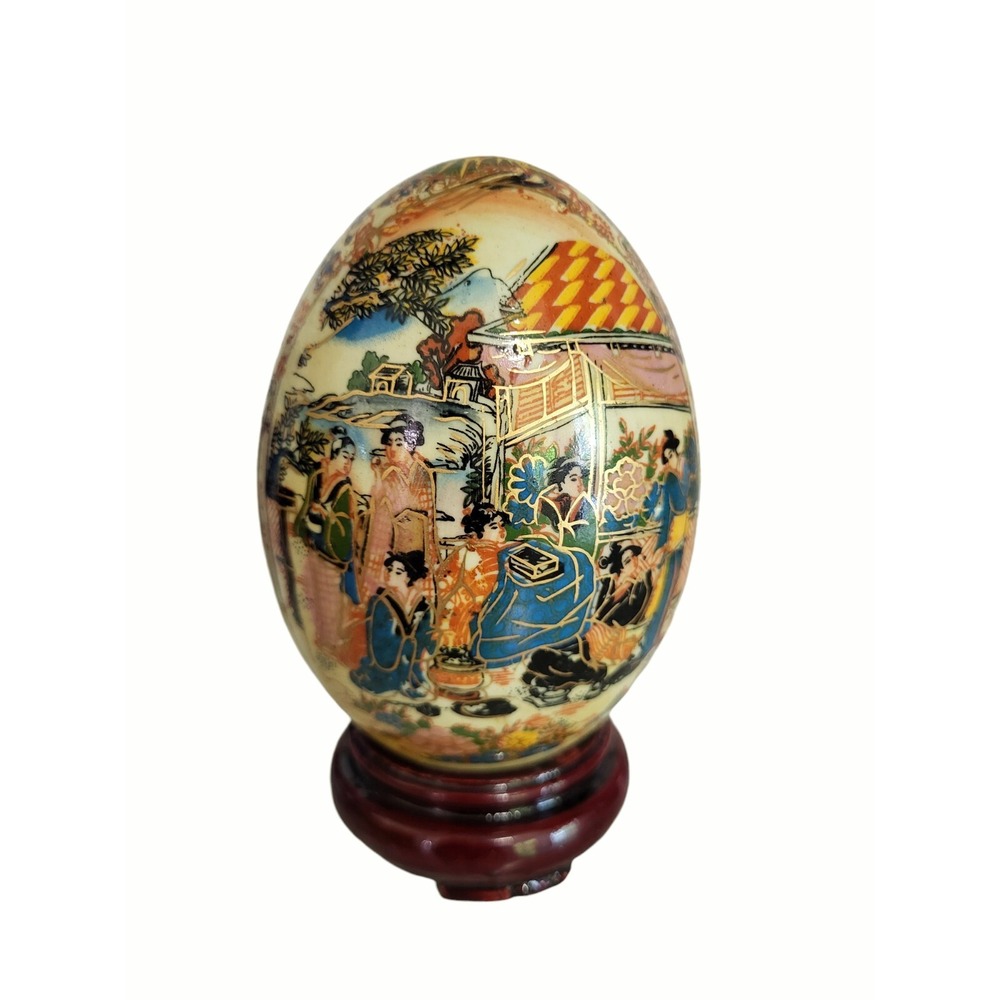 Vintage Handpainted Porcelain Egg w/ Stand Geisha Floral Moriage Gold Gilt 5"